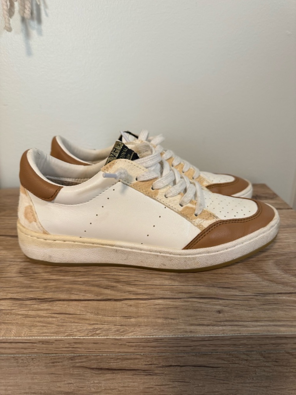 Vintage Havana Reset Leather White and Brown Cow Print Trim Low-Top Sneakers